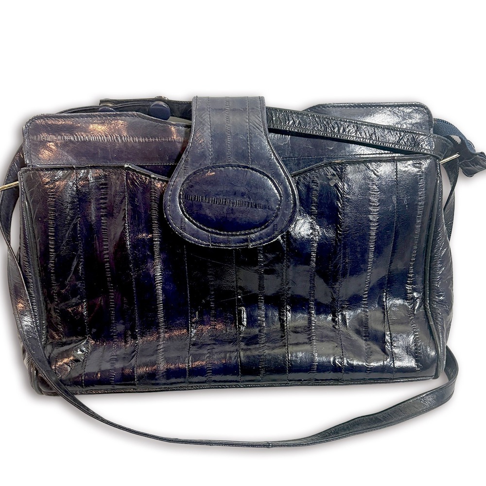 Vintage Navy Blue Eel Skin Purse Retro Shoulder Bag Adjustable Crossbody